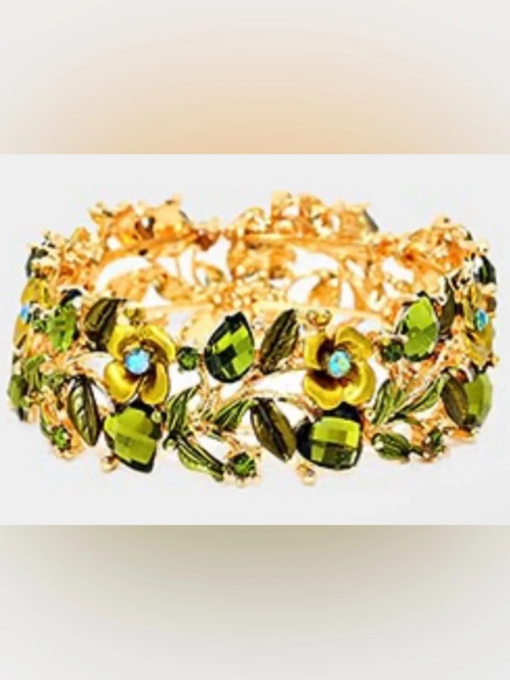 Gold Tone Women’s Floral Bracelet with Blue Crystal Accents